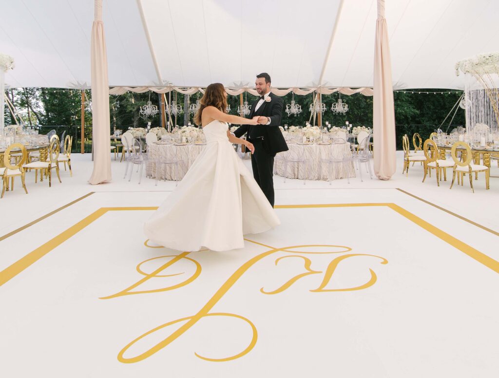 White Dance Floor with Gold Monogram